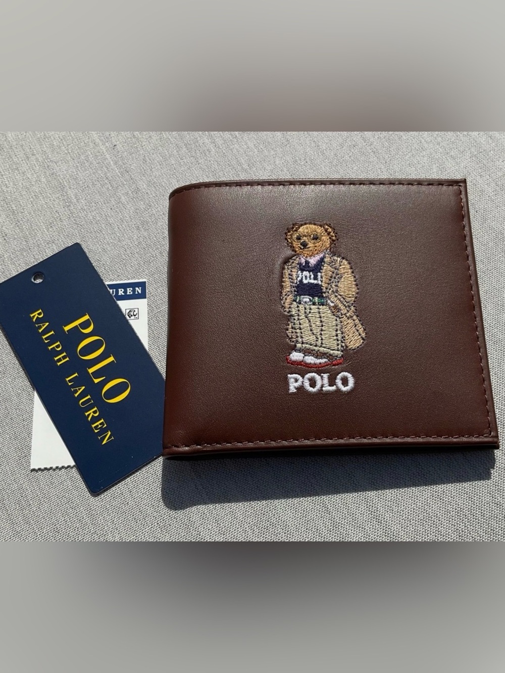 NWT Polo Ralph Lauren Brown COLLEGIATE BEAR Leather Double Billfold Wallet